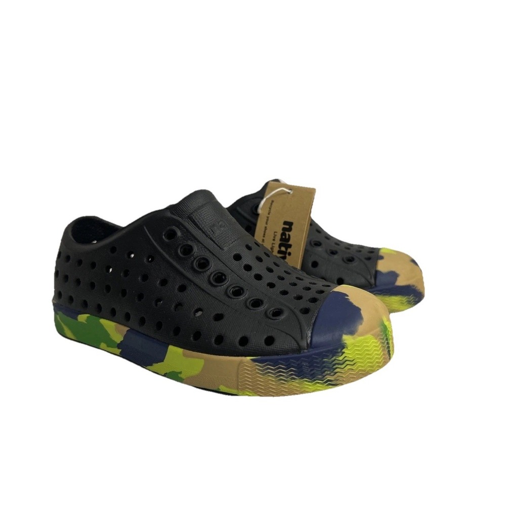 Native Kids Black Slip-On Sneakers with Yellow Green Blue Camo Trim